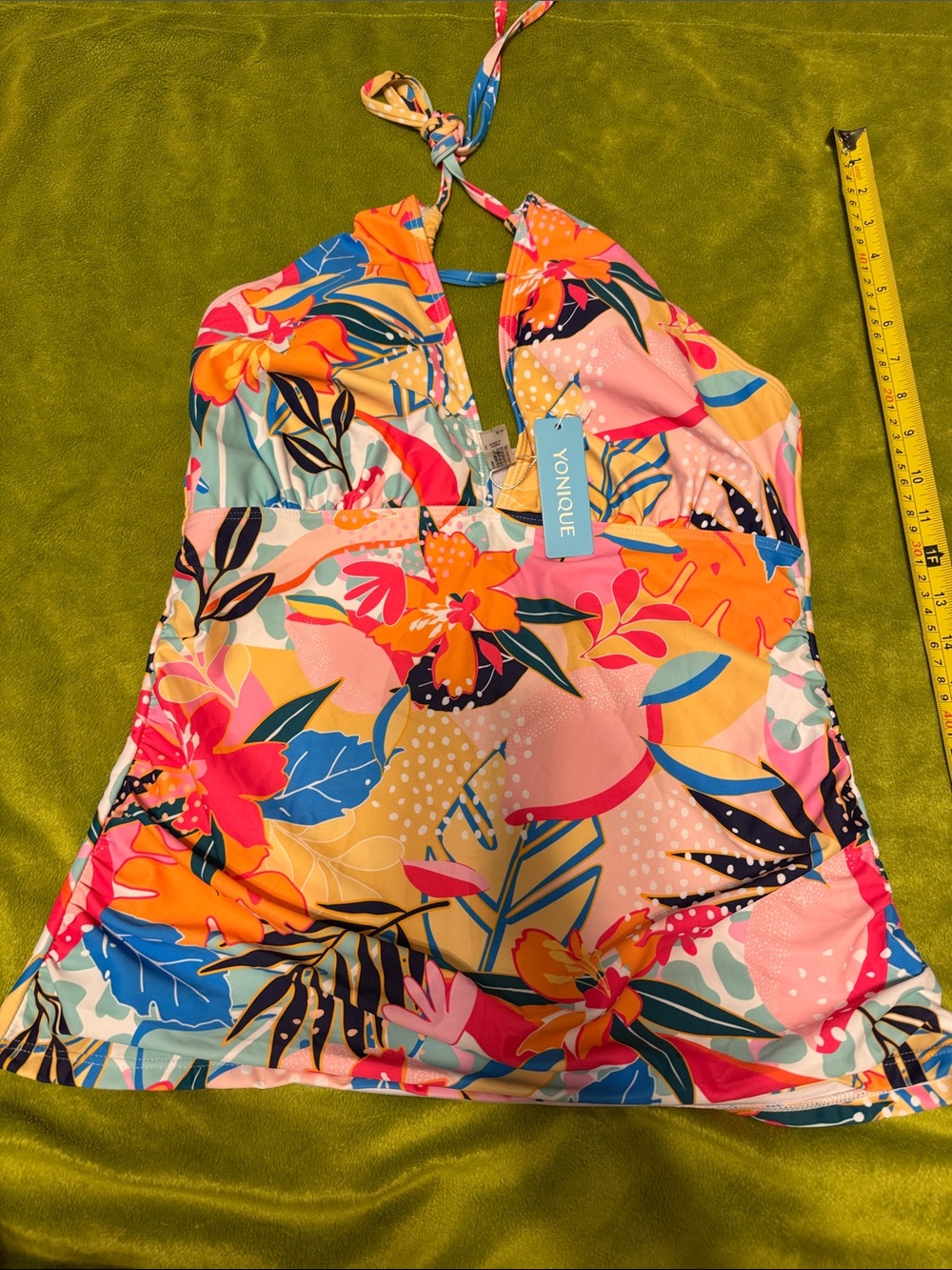 Younique Tankini Halter Ruched Floral Top - Pink, Orange, Blue, Green Sz L NWT